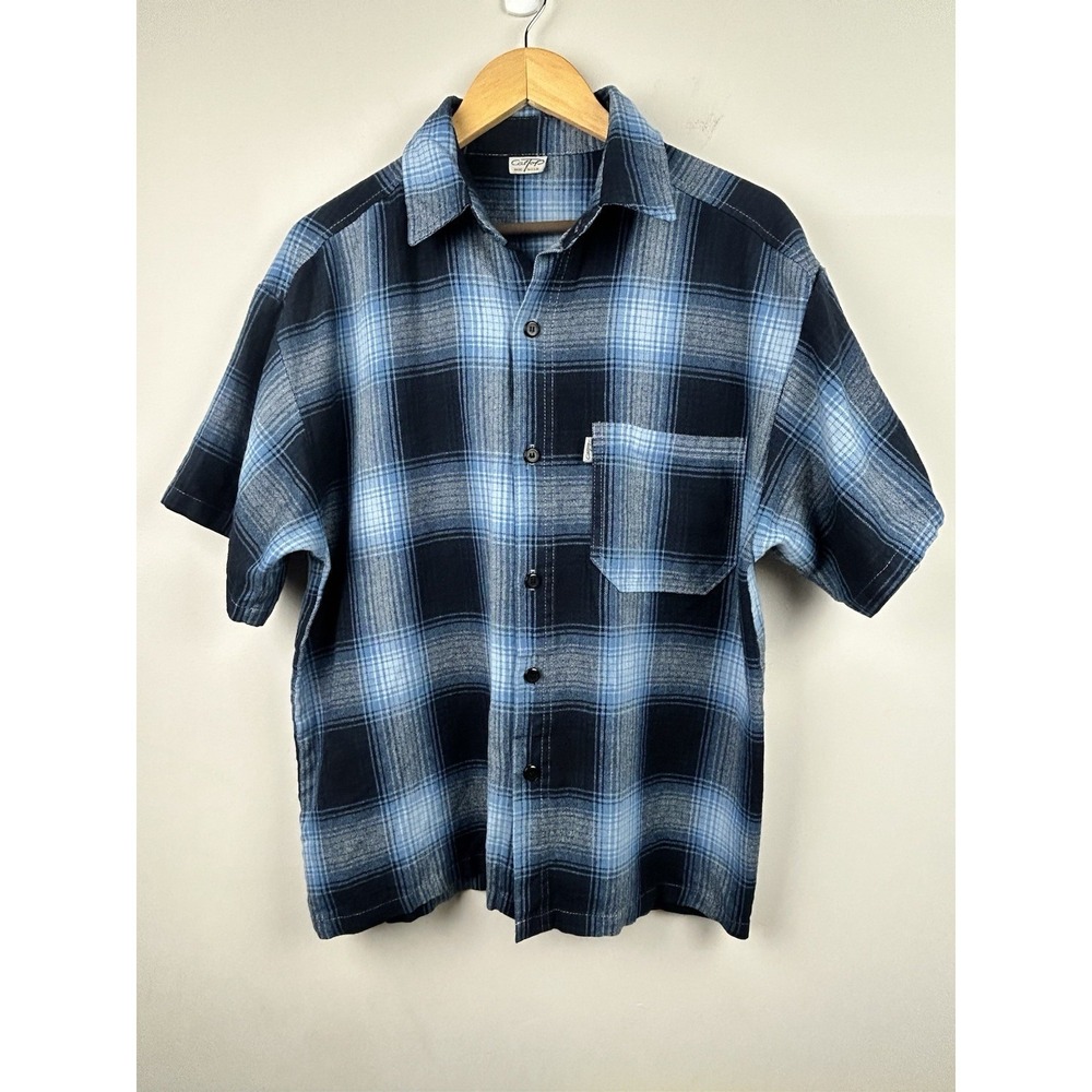 CalTop Men's Medium Blue Plaid Button up Short Sleeve Shirt